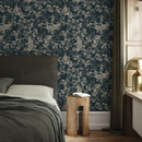 Art Nouveau Wallpaper with Vintage Floral Scrolls in Navy and Beige - C791