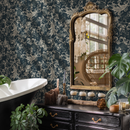 Art Nouveau Wallpaper with Vintage Floral Scrolls in Navy and Beige - C791