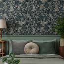 Art Nouveau Wallpaper with Vintage Floral Scrolls in Navy and Beige - C791