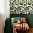 Jungle Wallpaper with Monkeys and Tropical Birds in Green and Brown - C799