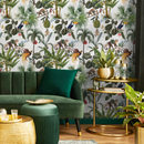Jungle Wallpaper with Monkeys and Tropical Birds in Green and Brown - C799