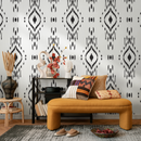 African Wallpaper with a Sketched Ikat Motif in Black and White - C803