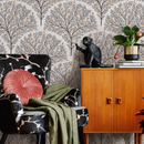 Tree Wallpaper Featuring Stylized Flowering Trees in Brown, Gray, and Yellow - C810