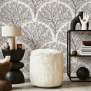 Tree Wallpaper Featuring Stylized Flowering Trees in Brown, Gray, and Yellow - C810