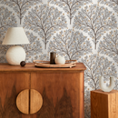 Tree Wallpaper Featuring Stylized Flowering Trees in Brown, Gray, and Yellow - C810