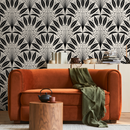 Art Deco Wallpaper with a Fanned Feather Motif in Black and Beige - C814