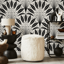 Art Deco Wallpaper with a Fanned Feather Motif in Black and Beige - C814