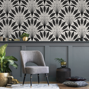 Art Deco Wallpaper with a Fanned Feather Motif in Black and Beige - C814
