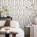 Geometric Wallpaper with Interlocking Wavy Lines in Brown and White - C889