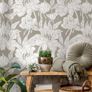 Floral Wallpaper Featuring Peony Line Art in Taupe and White - C915