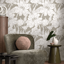 Floral Wallpaper Featuring Peony Line Art in Taupe and White - C915