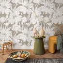 Floral Wallpaper Featuring Peony Line Art in Taupe and White - C915