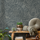 Floral Wallpaper with Line Art Blooms in Slate Green and Beige - C954