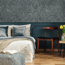 Floral Wallpaper with Line Art Blooms in Slate Green and Beige - C954