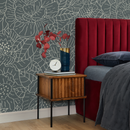 Floral Wallpaper with Line Art Blooms in Slate Green and Beige - C954