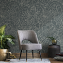 Floral Wallpaper with Line Art Blooms in Slate Green and Beige - C954