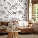 Floral Wallpaper with Chrysanthemums in Taupe and White - C955