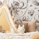 Floral Wallpaper with Chrysanthemums in Taupe and White - C955