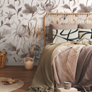 Floral Wallpaper with Chrysanthemums in Taupe and White - C955
