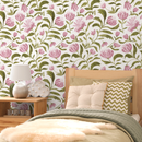 Floral Wallpaper Featuring Hand-Painted Blooms in Pink and Green - C971
