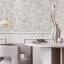 Botanical Wallpaper with a Delicate Floral Line Art Motif in Taupe - C979