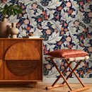 Arts and Crafts Wallpaper featuring Florals in Blue, Red, and Cream - C995