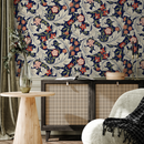 Arts and Crafts Wallpaper featuring Florals in Blue, Red, and Cream - C995