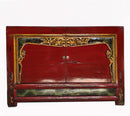 Antique Red Shanxi Cabinet Table with Carved Border Doors