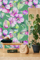 Stylish Modern Green Wallpaper with Pink Flowers