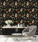 Dark Wallpaper with Hands and Mushrooms Pattern