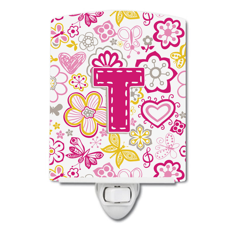 Letter T Flowers and Butterflies Pink Ceramic Night Light CJ2005-TCNL