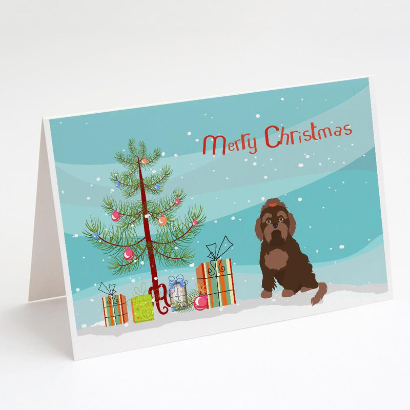 Brown Russian Tsvetnaya Bolonka Lap Dog  Christmas Tree Greeting Cards and Envelopes Pack of 8