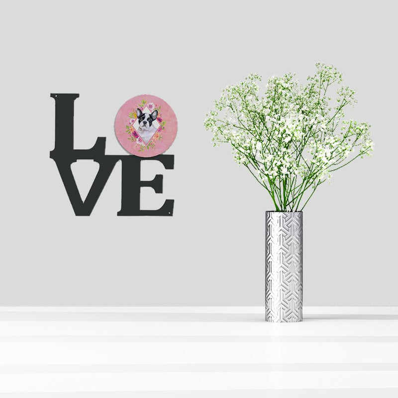 French Bulldog Pink Flowers Metal Wall Artwork LOVE CK4143WALV