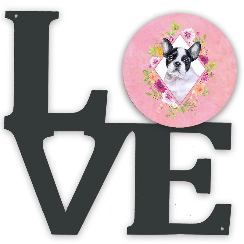 French Bulldog Pink Flowers Metal Wall Artwork LOVE CK4143WALV