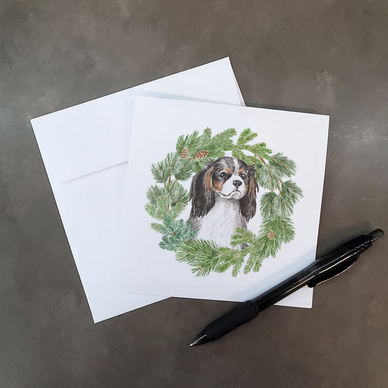 Cavalier King Charles Spaniel Tricolor with Christmas Wreath Square Greeting Cards and Envelopes Pack of 8