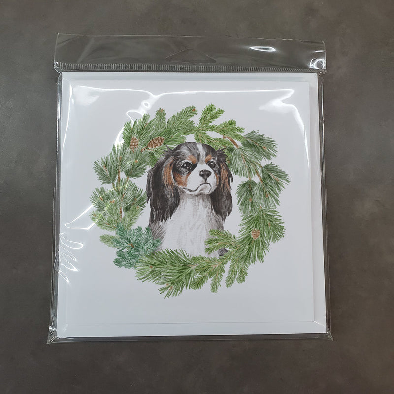 Cavalier King Charles Spaniel Tricolor with Christmas Wreath Square Greeting Cards and Envelopes Pack of 8