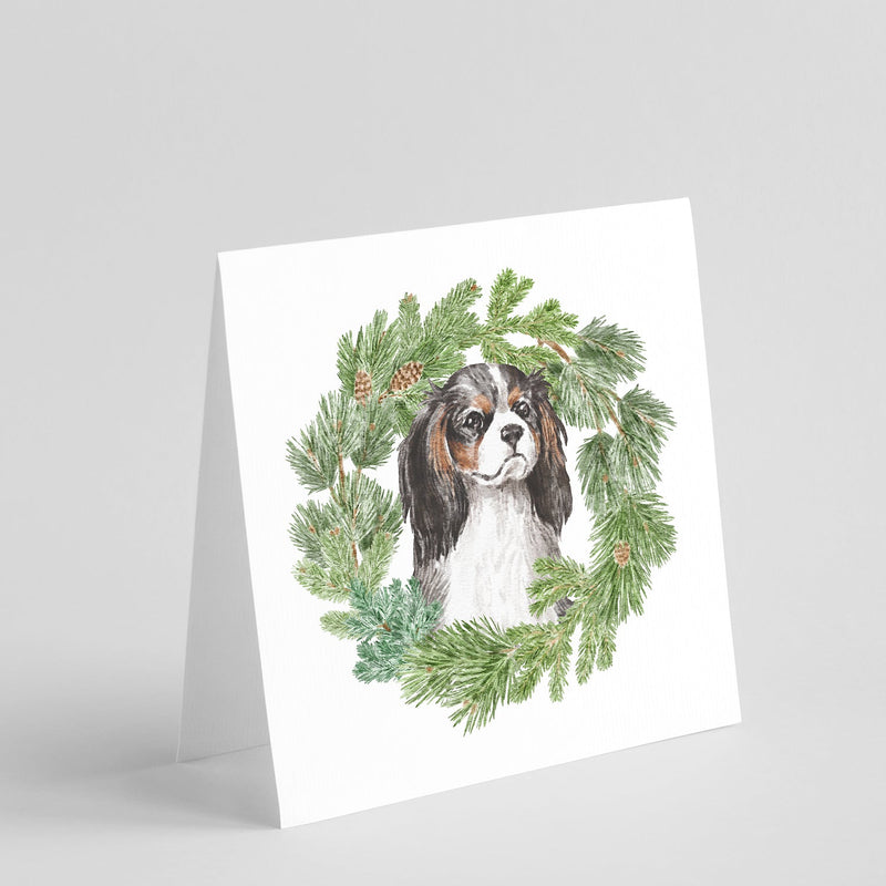 Cavalier King Charles Spaniel Tricolor with Christmas Wreath Square Greeting Cards and Envelopes Pack of 8