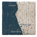 Ludington to Grand Haven, Michigan Shabby Blue Map | Drink Coaster Set