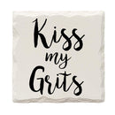 Kiss My Grits | Drink Coaster Set of 4 | Absorbent Ridged Ceramic with Cork Backing