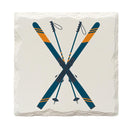 Crossed Skis | Drink Coaster Set of 4 | Absorbent Ridged Ceramic with Cork Backing | Lodge Cabin Skiing Decor