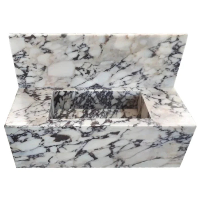 Calacatta Viola Marble Rectangular Wall-mount Bathroom Sink with 10" Backsplash (W)16" (L)32" (H)10" angle view