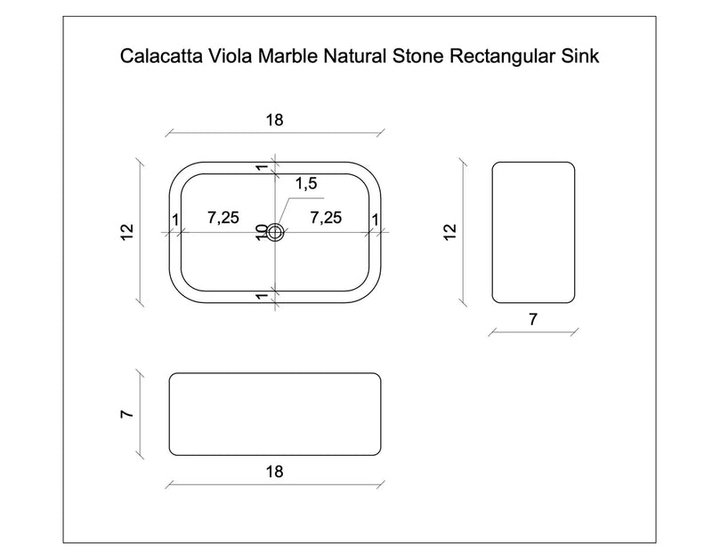 Calacatta Viola Marble Rectangular Wall-mount Bathroom Sink (W)12" (W)18" (H)7" technical drawing