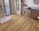 SPC Vinyl Rigid Core 9" Width 60" RL, 8mm Thick, 2mm IXPE   Caliber Brown Paragon Floors - Mazzia Collection Product shoot Wash room view 3