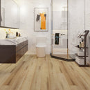 WPC Vinyl Rigid Core 7" Width 48" RL 8.5mm Thick, 1.5mm IXPE Caribbean Sand, Bermuda Floors - Mazzia Collection bathroom view