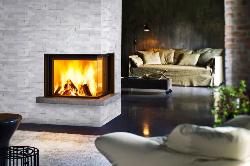 Carrara White Ledger 3D Panel 6"x24" Natural Marble Wall Tile multi surface finish- Full Truckload installed around corner fireplace wide view