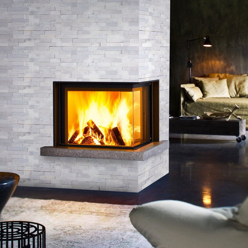Carrara White Ledger 3D Panel 6"x24" Natural Marble Wall Tile multi surface finish- Full Truckload installed around corner fireplace 