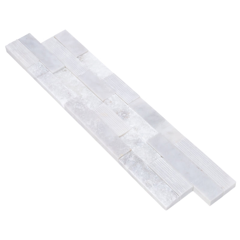 Carrara White Ledger 3D Panel 6"x24" Natural Marble Wall Tile multi surface finish- Full Truckload one panel angle view