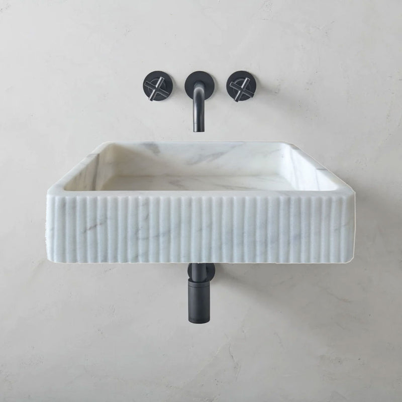 Carrara White Marble Wall-mount Bathroom Sink Ribbed Textured (W)16" (W)24" (H)6" installed wall black faucet and drain set