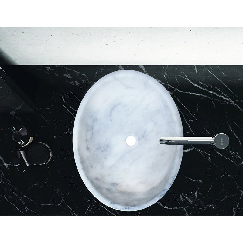 Carrara White Marble Natural Stone Oval Vessel Sink Polished (W)16" (L)21" (H)6" bathroom top view