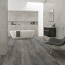 WPC Vinyl Rigid Core 9" Width 60" RL 8.5mm Thick, 1.5mm IXPE, Celestial Shadow, Romulus Floors - Mazzia Collection bath view
